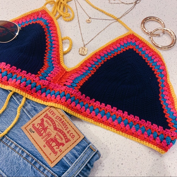 Multi-colour /Crotchet Halter Crop Top / Size M/L - Picture 2 of 4